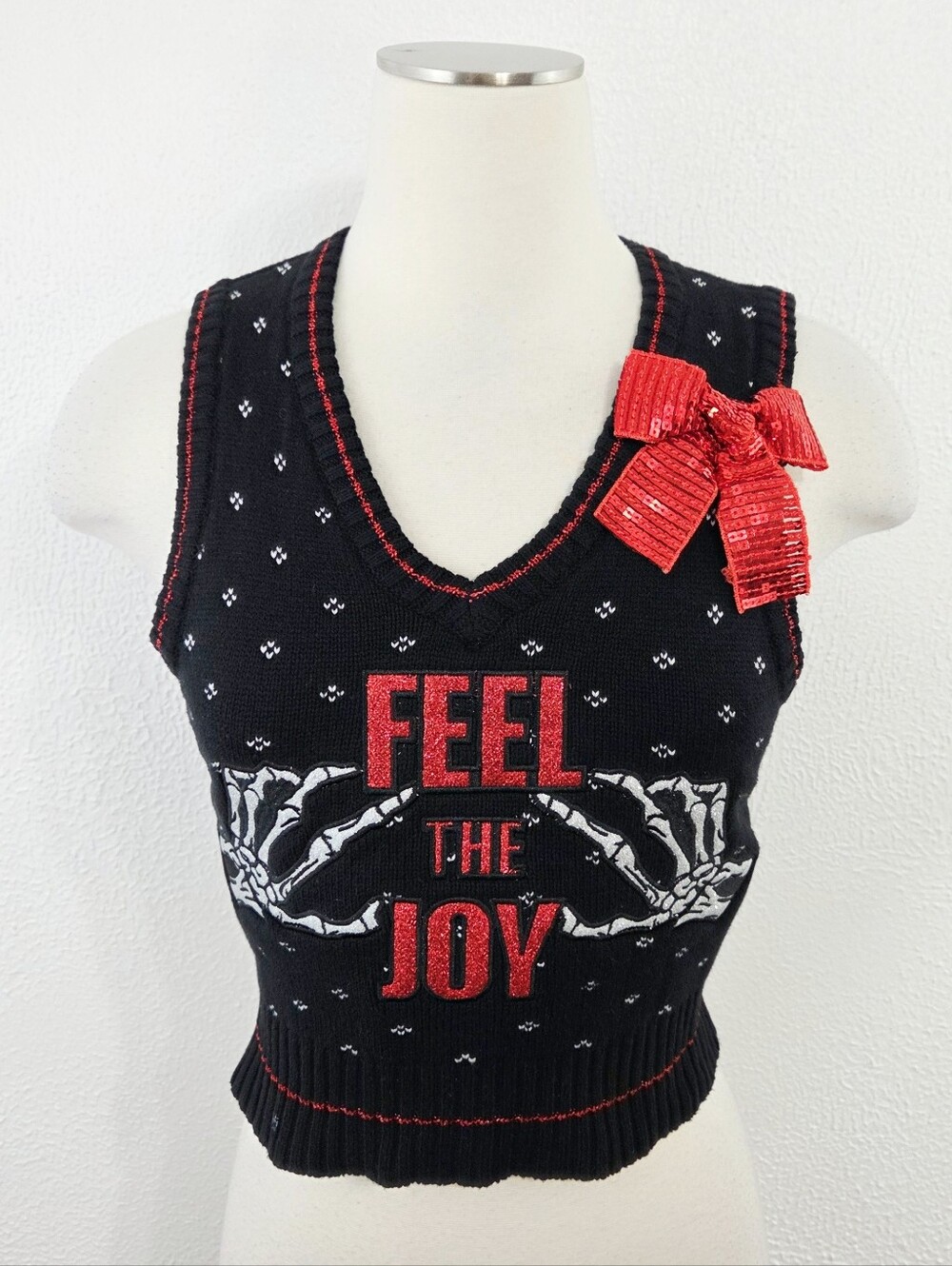 Spencer's Feel the Joy Ugly Christmas sweater vest skeleton bow women's medium